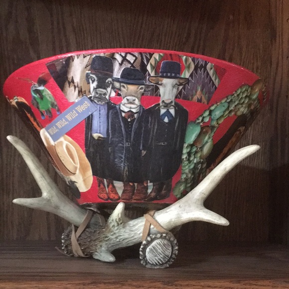 Hand Crafted Vintage Bowl Colorful Southwest Cowboy boots Jewelry Decoupage Art - Picture 11 of 11